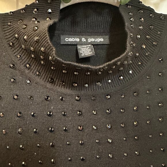 Cable and Gauge Sleeveless Black Mock Turtle Neck with Rhinestone to Mid Abdomen - Picture 2 of 4